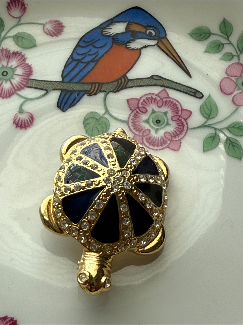 Gold Turtle Brooch Dark Blue Enamel & Green and Rhinestones pin unsigned